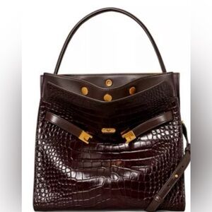 Tory Burch Croc-Embossed Leather Shoulder Bag in Dark Brown with Gold Hardware